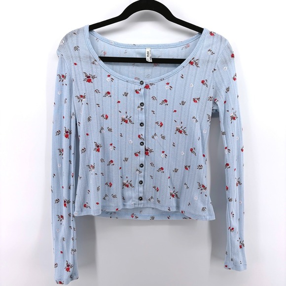 Mudd Tops - Mudd Y2K Blue Floral Long Sleeve Button Up Henley Top Women's‎ Small 90s Retro